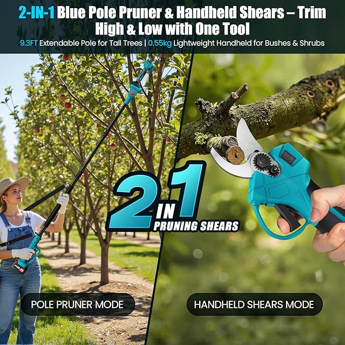 ANBULL 2-in-1 Pole Pruning Shears Cordless, 1.6" Cutting Diameter Cordless Pruner with 15.3FT Reach Extension Pole, Brushless Motor, 2×21V 4.0Ah Battery Powered Pole Pruner for Tree Trimming Garden