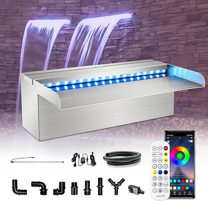 LONGRUN Waterfall Pool Fountain, Updated 5.9'' Wider Open Lip Stainless Steel Waterfall Spillway, Decorative Water Feature for Swimming Pools, Koi Ponds, Spa & Garden - 11.8''