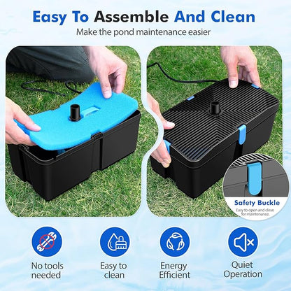 Pond Filters for Outdoor Ponds, 820 GPH Pond Filter with Fountain Pump Kits, 60W Pond Pump and Filter Kit for Koi Pond Clean, Garden Fountains, Waterfall