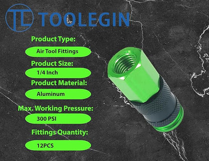 Air Hose Fittings, 1/4" Female NPT Air Coupler Kit, 12 Pieces Air Compressor Fittings, Aluminum Quick Connect Air Fittings, 300 PSI