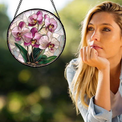 Stained Glass Window Hanging - Pink Purple Phalaenopsis Flowers Sun Catcher for Door Home Decor Plant Suncatcher Christmas Mother's Day Birthday Gifts for Women Men Mom Nana 6.3 in