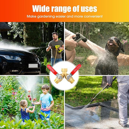 Hose Splitter 2 Way Heavy Duty, 3/4 Inch GHT Thread Y Valve Connector with Stainless Steel Long Handle, Full Flow Garden Brass Hose Splitter for Outdoor Watering, Irrigation, Washing