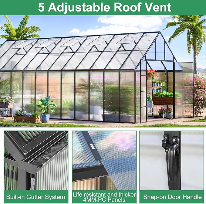 CDCASA 24x10x10 FT Greenhouse for Outdoors, Large Thicker Aluminum Heavy Duty Polycarbonate Greenhouses Kit w/5 Vent Windows, Swing Door, Walk-in Green House for Sunroom Patio,Backyard