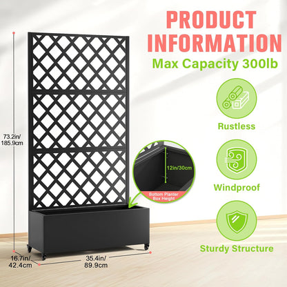 Metal Planter Box with Trellis, Raised Garder Bed with Drainage Hole, Privacy Screen & Trellis for Climbing Plants, Outdoor Plant Stands, 35''L×17''W×73''H, Black