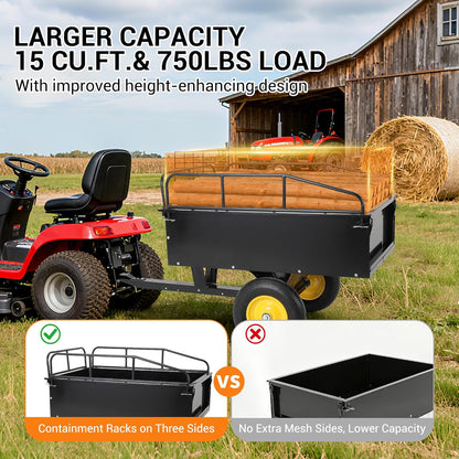 Heavy Duty ATV Dump Cart - Steel Tow Behind Trailer, 750 lbs, 15 Cubic Feet Garden Utility with Removable Sides
