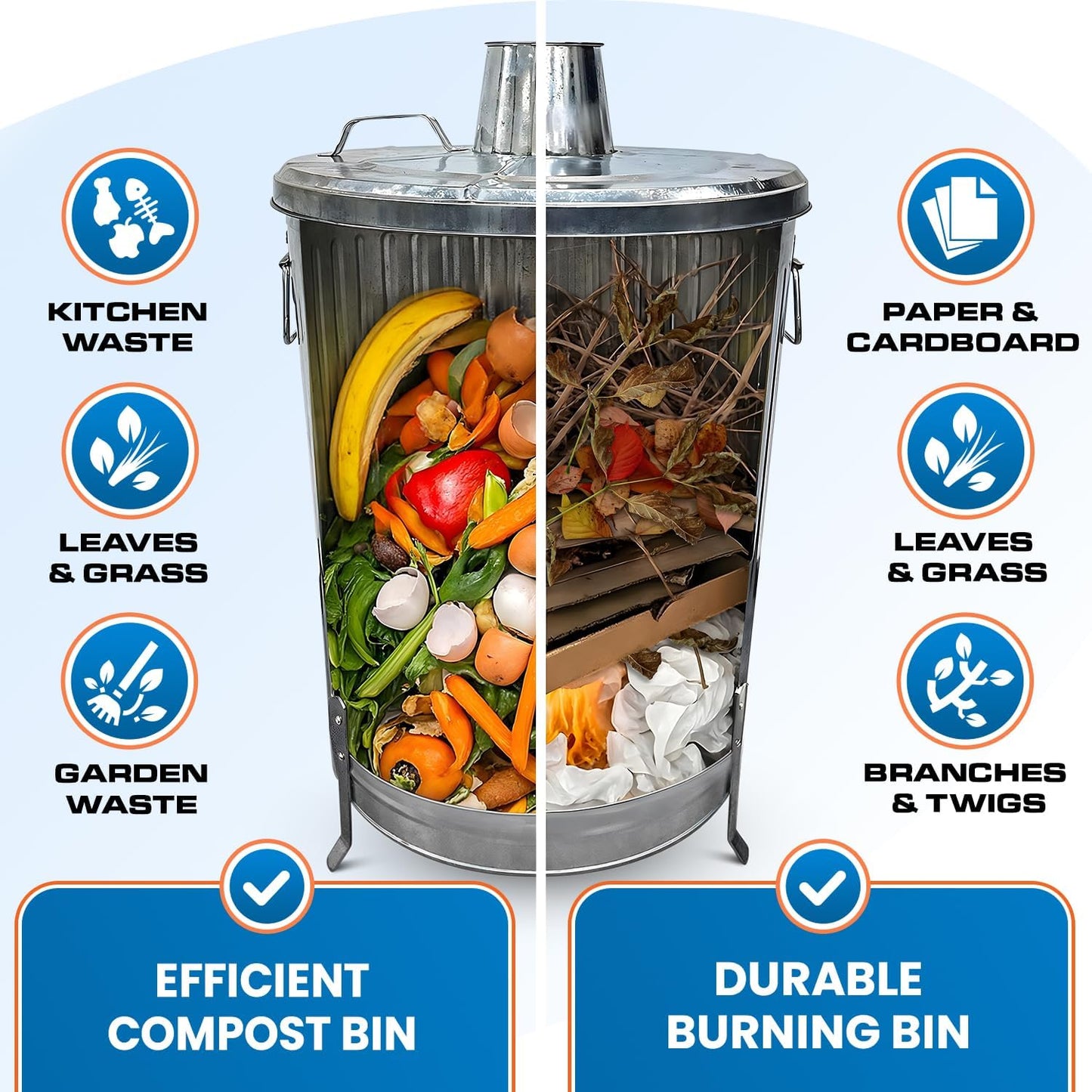 Plexon Metal Compost Bin Outdoor Burn Bin - Galvanized Trash Can with Lid Chimney and Vent Holes - Trash Burning Container Composter Incinerator for Garbage, 20 Gallon (Chimney Lid and Vent Holes)
