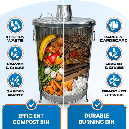 Plexon Metal Compost Bin Outdoor Burn Bin - Galvanized Trash Can with Lid Chimney and Vent Holes - Trash Burning Container Composter Incinerator for Garbage, 20 Gallon (Chimney Lid and Vent Holes)