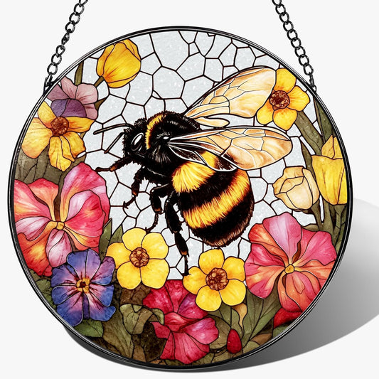 Stained Glass Window Hanging, 8 Inch Bee Stained Glass Ornament, Suncatchers for Windows Hanging, Window Decor, Gift for Garden Lover, Teacher Gift, Holiday, Birthday Gifts for Women Mom and Grandma