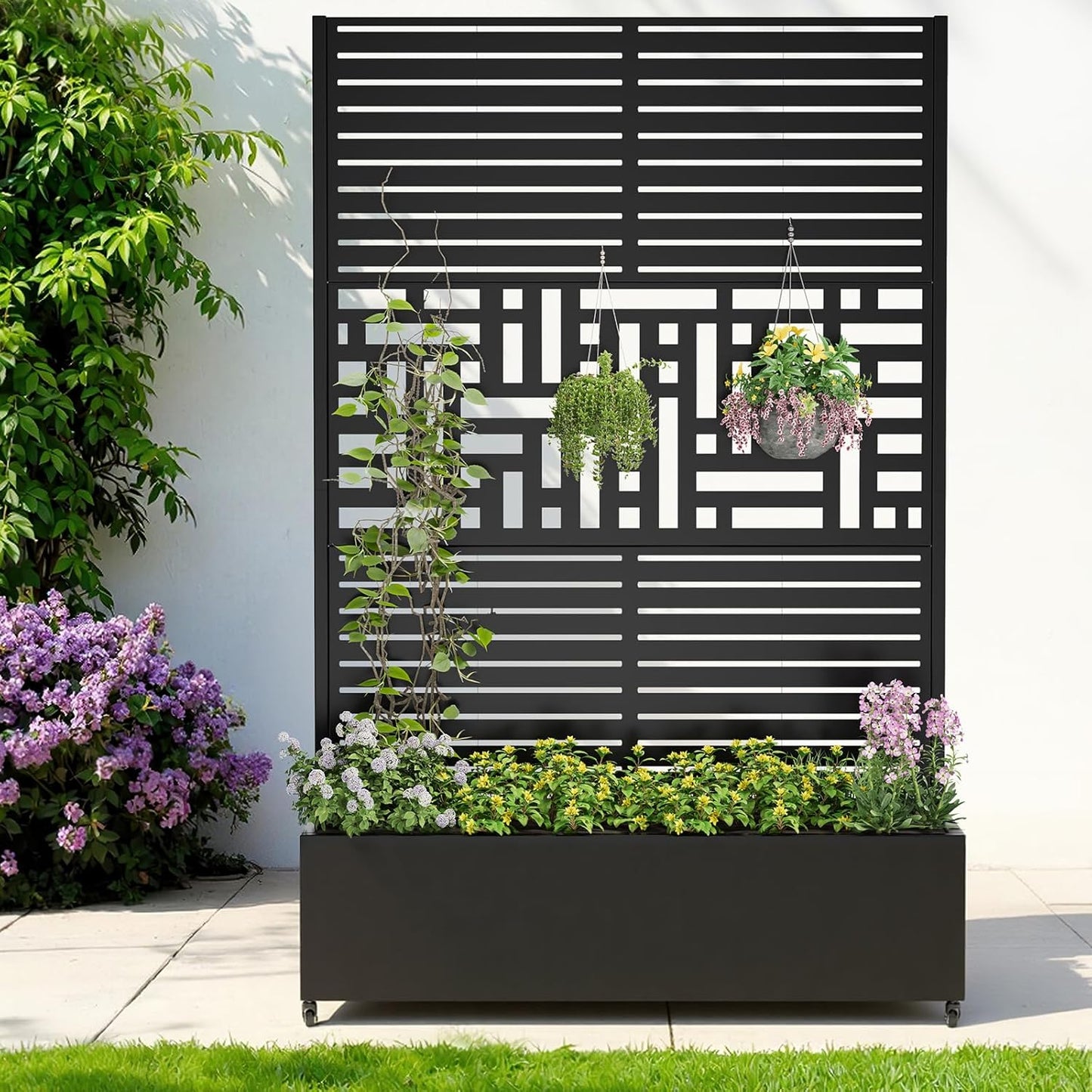 Metal Raised Garden Bed with Trellis & Wheels,72" x 47"x 15.7" Planter Box with Trellis,Privacy Planters for Patio,Garden Bed for Climbing Plants,Suitable for Climbing Plants and Vegetables,Black