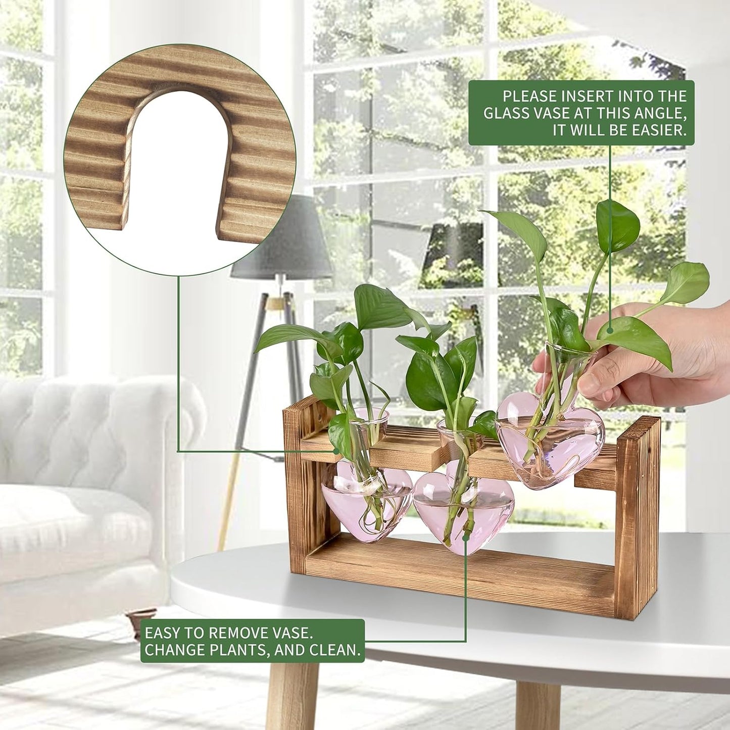 Plant Terrarium Propagation Stations Hydroponics Home Garden Decoration Gift for Women with Wooden Stand Heart Shaped Colored Glass Vase