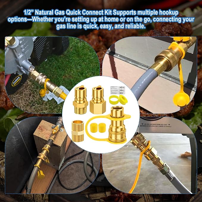 1/2" Gas Quick Connect Kit, 1/2" Natural Gas Quick Connect Fittings Kit – 4 Pcs Solid Brass Natural Gas & Propane Quick Disconnect Fittings, 1/2 inch Hose Quick Connect Adapter.