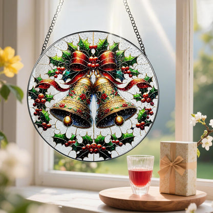 Stained Glass Window Hanging, Pauyadu Sun Catchers Indoor Window, Bells Christmas Suncatcher, Christmas Home Decor, Festive Gifts for Friends, Neighbor - 8 Inch