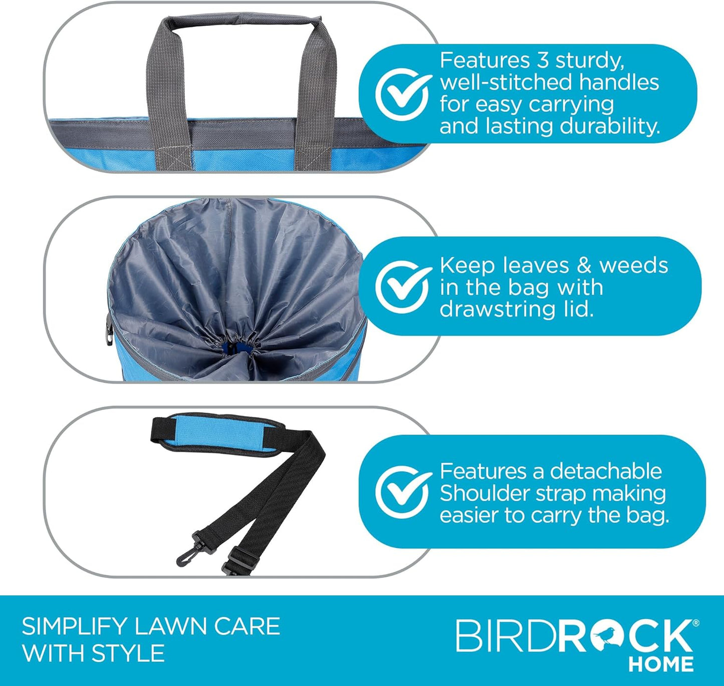 BIRDROCK HOME Collapsible Lawn and Leaf Waste Bag with Lid - 30 Gallon - Heavy Duty Reusable Camping Trash Can - Hardshell Bottom for Yard Debris, Garage Storage - Portable Garden Bin - Blue