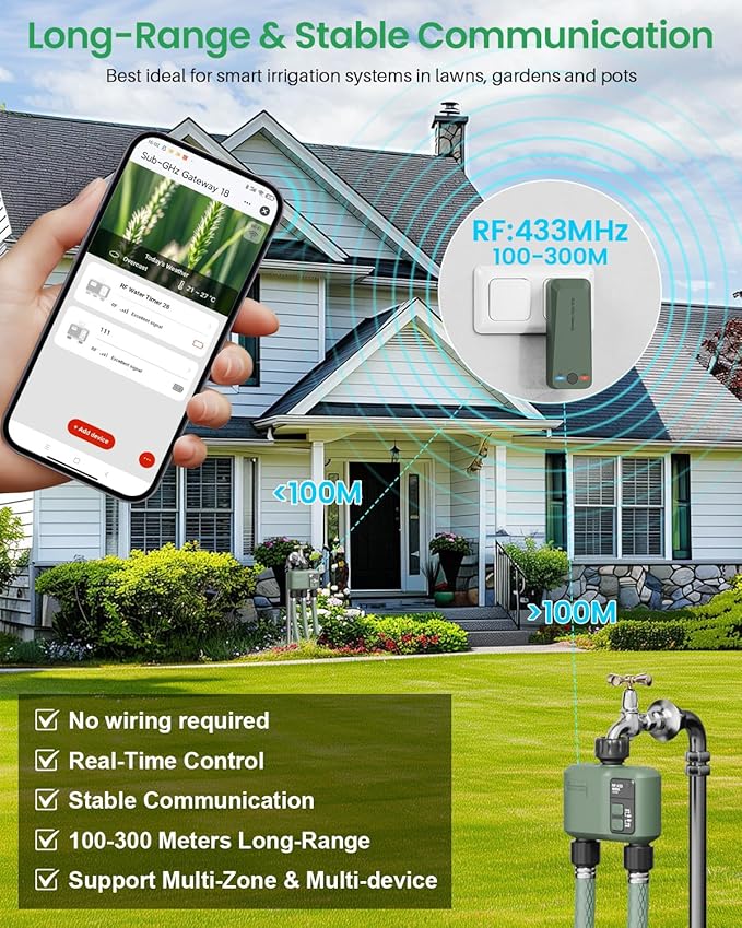 WiFi Water Timer 2 Zone for Garden Hose, Smart Sprinkler Timer with 984ft RF Range, Smart Lawn Watering System Irrigation Controller, APP/Voice Control, Rain Delay, Automatic/Manual Irrigation