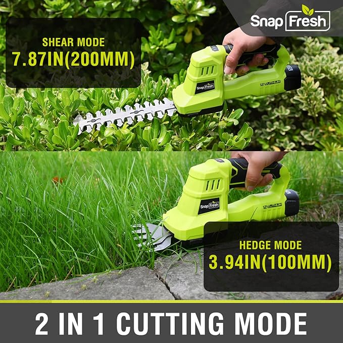 SnapFresh 12V Cordless Grass Shears & Hedge Trimmer, 2 in 1 Handheld Bush Trimmer & Grass Cutter with 2.0Ah Battery & Charger Included, Lightweight Electric Shrubbery Trimmer for Garden & Lawn