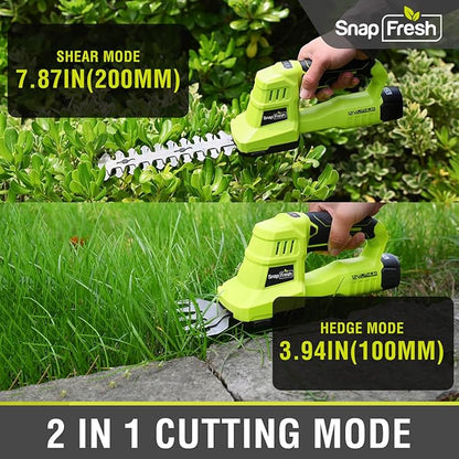 SnapFresh 12V Cordless Grass Shears & Hedge Trimmer, 2 in 1 Handheld Bush Trimmer & Grass Cutter with 2.0Ah Battery & Charger Included, Lightweight Electric Shrubbery Trimmer for Garden & Lawn