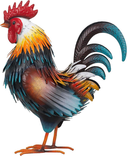 Rooster Garden Statue Sculpture Metal Chicken Yard Decor Outdoor Figurines Patio Backyard Decoration (Yellow)