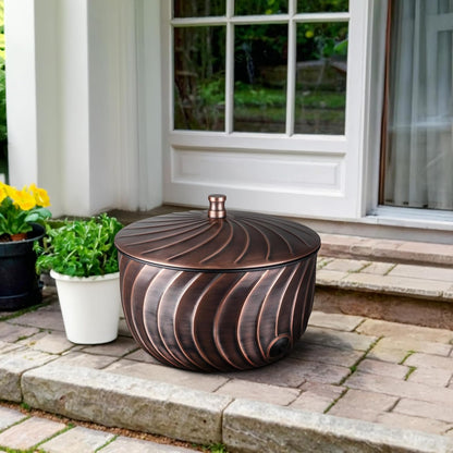 Monarch Abode Decorative Garden Hose Holder with Lid, Antique Copper Storage for Outdoor Use, 100 ft Water Hose Pot for Outside, Wave Embossed Metal Pot with Drainage, Garden Storage Organizer