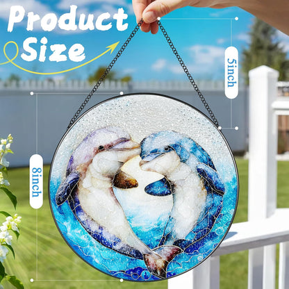 Stained Glass Window Hanging, 8 Inch Dolphin Sun Catcher Decor, Stained Glass Ornament, Suncatchers for Windows Hanging, Window Decor, Dolphin Gifts, Gift for Couples