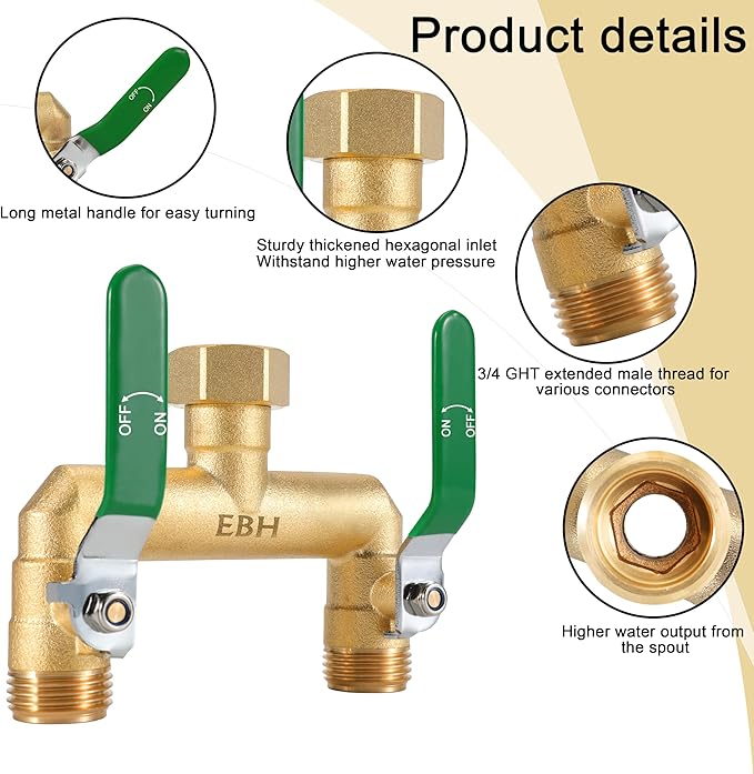 EBH Garden Hose Splitter, 2-Way High Flow Heavy Duty Brass Outdoor Hose Manifold with Extra Long Handles Full Flow Faucet Adapter- 3/4” GHT(Green)