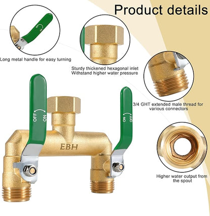 EBH Garden Hose Splitter, 2-Way High Flow Heavy Duty Brass Outdoor Hose Manifold with Extra Long Handles Full Flow Faucet Adapter- 3/4” GHT(Green)