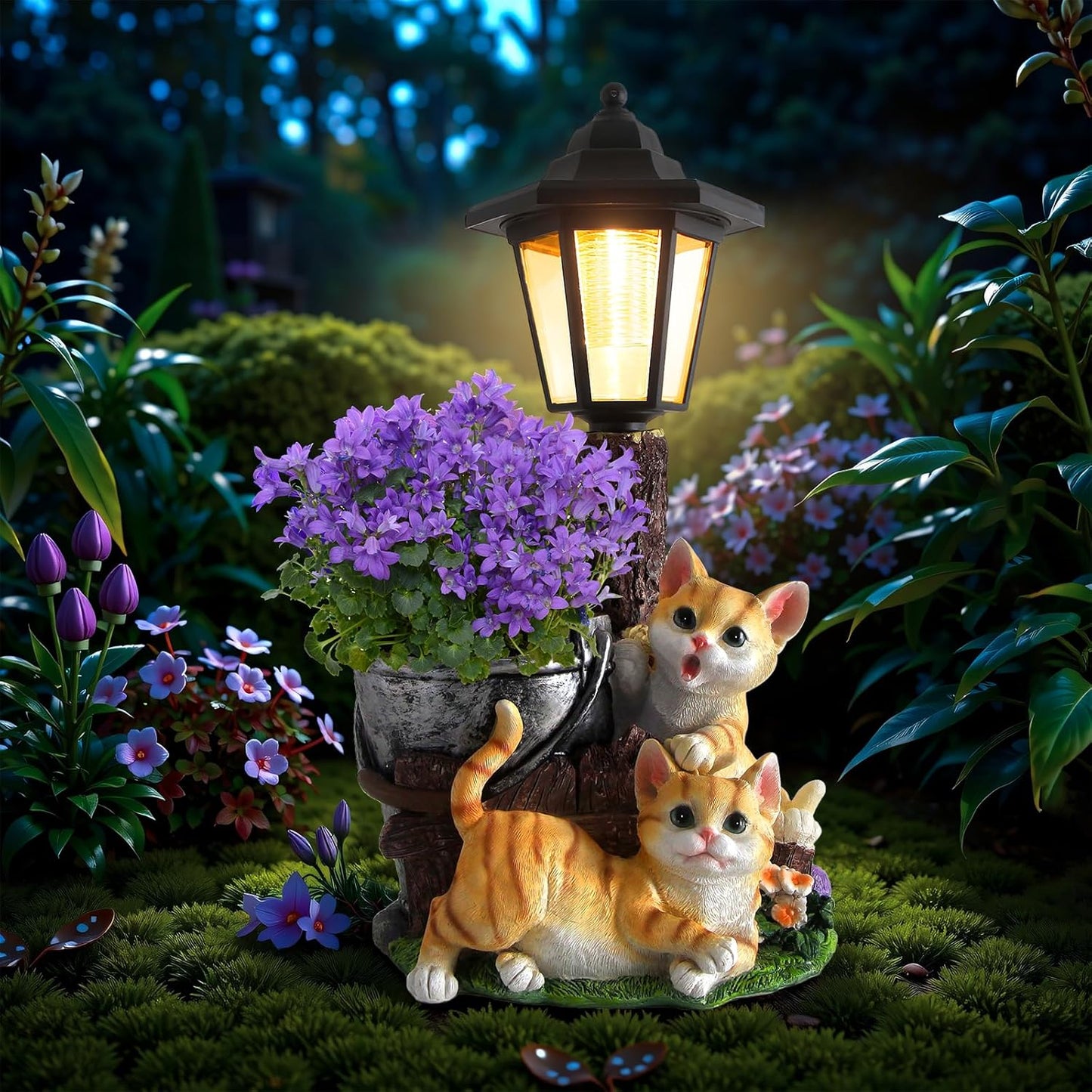 Solar Cat Outdoor Statues, Garden Sculptures with Flowerpot Decor & Solar Lantern for Yard Art Lawn Ornaments Porch Patio Balcony - Idea Gifts for Women Mom Grandma