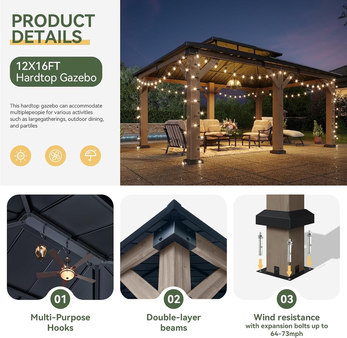 Aoxun 12' x 16' Outdoor Wood Gazebo, Hardtop Gazebo Permanent Wooden Pavilion with Galvanized Steel Double Roof, for Patio, Garden, Backyard, Cedar Wood