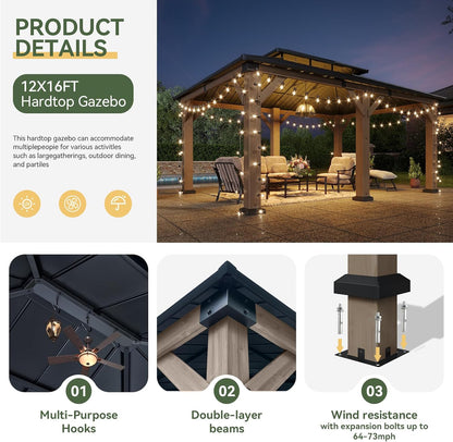 Aoxun 12' x 16' Outdoor Wood Gazebo, Hardtop Gazebo Permanent Wooden Pavilion with Galvanized Steel Double Roof, for Patio, Garden, Backyard, Cedar Wood