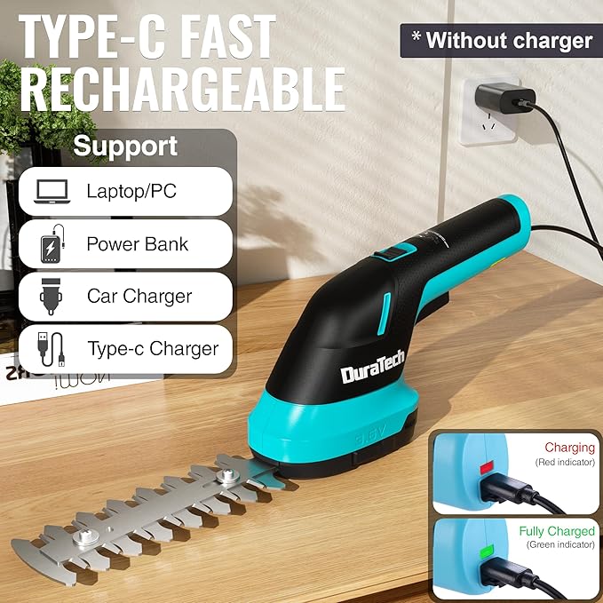 DURATECH Cordless Hedge Trimmer, 3.6V 2-in-1 Handheld Rechargeable Grass Trimmer & Hedge Shears with USB Type-C Cable, Built-in Li-ion Battery, Electric Shrub & Grass Shears for Garden, Yard and Lawn