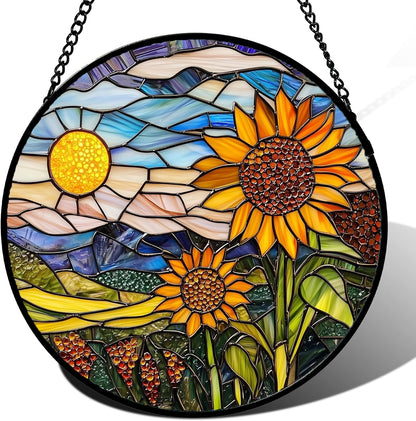 Stained Glass Suncatcher, Sunflower Flowers Landscape Sun Catcher Plant Mountains Stain Glass Window Hanging Decoration Mother's Day Birthday Gifts for Women Men Mom Nana 11.8 in