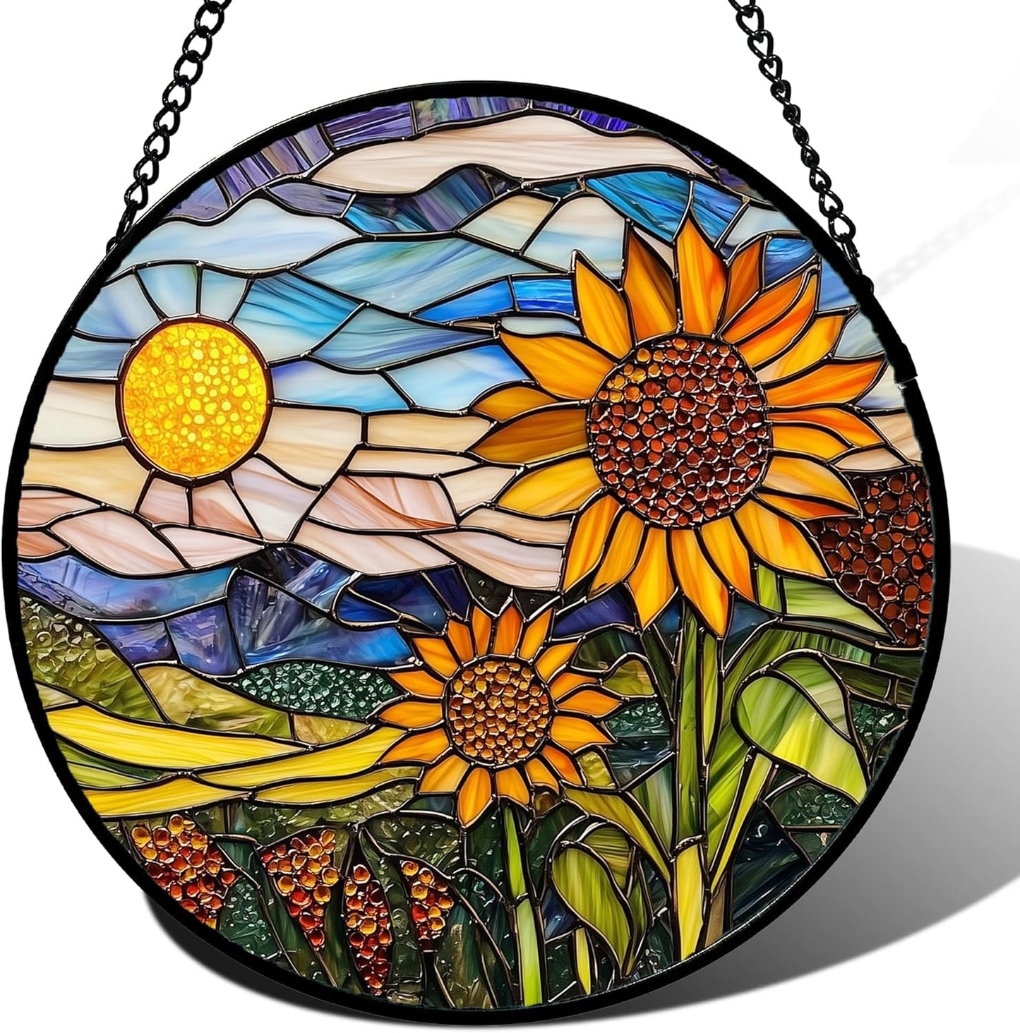 Stained Glass Suncatcher, Sunflower Flowers Landscape Sun Catcher Plant Mountains Stain Glass Window Hanging Decoration Mother's Day Birthday Gifts for Women Men Mom Nana 6.3 in