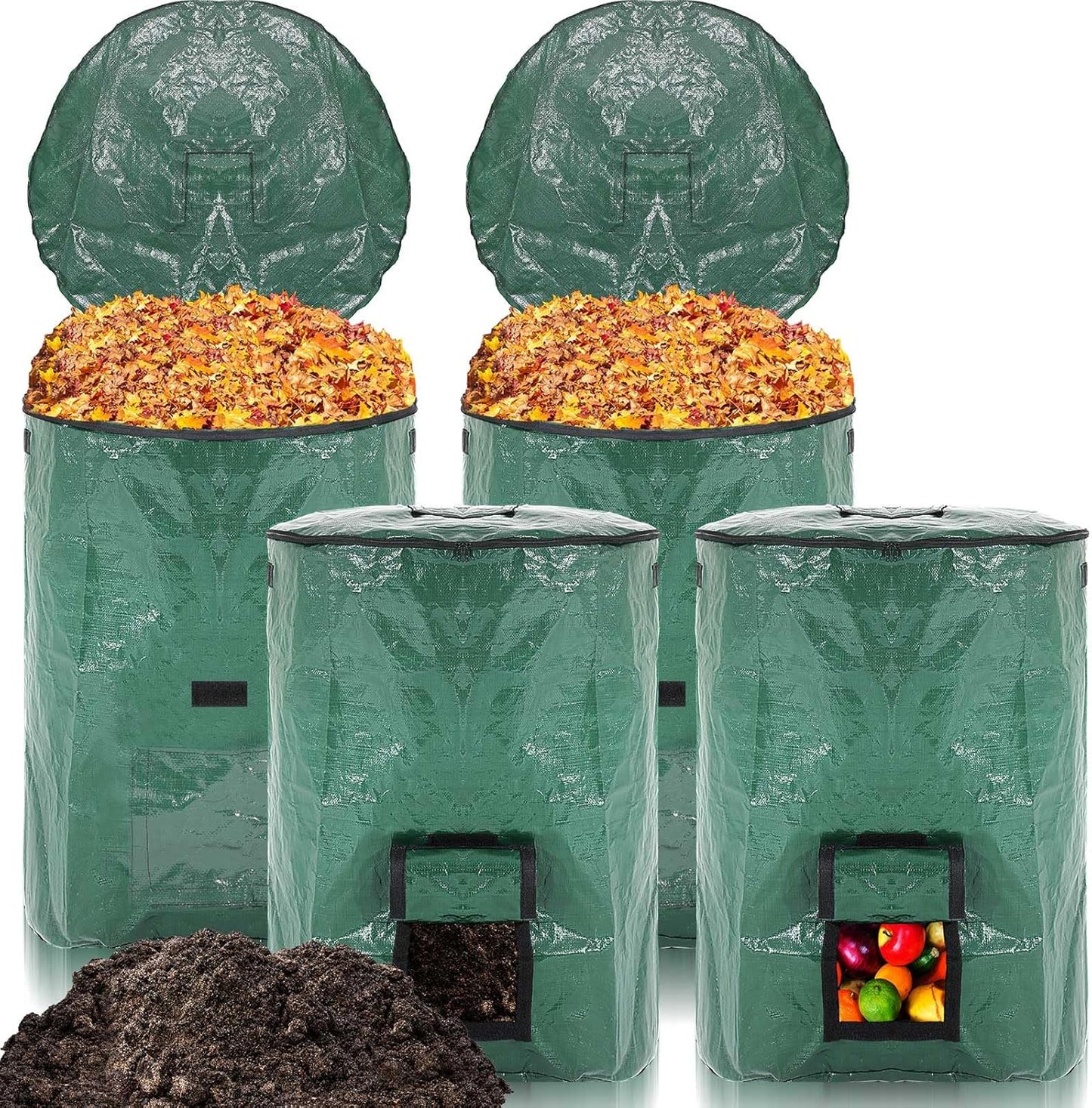 Berlune 4 Pack 132 Gallons Reusable Yard Waste Bag Garden Lawn Leaf Collector Bag Large Heavy Duty Collapsible Compost Bin with Lid and Handles for Outdoor Debris Leaves Grass Clippings