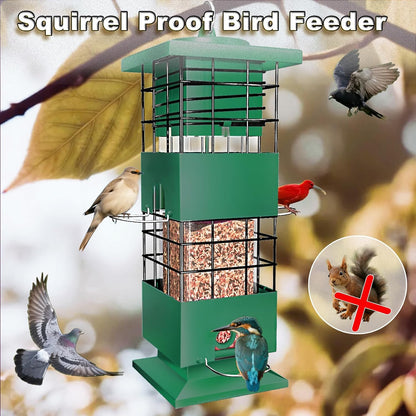 Squirrel Proof Bird Feeders for Outdoors Hanging, Large Capacity Gravity Protection Bird Feeders with 4 Feeding Ports, Metal Wild Bird Feeders for Outside, Finch, Cardinal, Blue Jay, 3.5Lbs