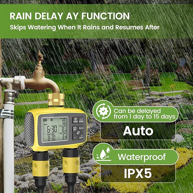 Programmable 2-Zone Smart Sprinkler Timer - Outdoor Automatic Irrigation Water Timer with Rain Delay & Waterproof Brass Swivel for Lawn, Garden, Pool (Yellow)
