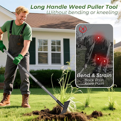 Walensee Weed Puller Tool with Long Handle, 64inch Manual Weeder Remover Tool, 7-Tines Weed Rake and 2-in-1 Hoe Garden Tool for Gardening, Uprooting Weeding Pull for Yard, Lawn, Patio and Garden