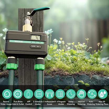RESTMO Smart Sprinkler Timer with Flow Meter, 2 Zone Water Timer for Garden Hose, Brass Inlet & Outlet, Automatic Lawn & Yard Irrigation Watering System (Bluetooth Connection, Not Include Hub)