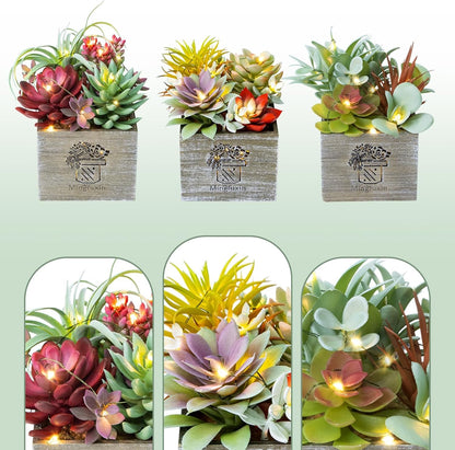 Mingfuxin Succulents Plants Artificial with Light, Small Fake Plants in Pots for Home Decor, Potted Decorative Succulents Plants for Table Desk Bathroom Office Room Decor