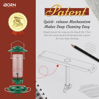 iBorn Bird Feeder Metal Squirrel Chew-Proof Bird Feeders for Outdoors Hanging for Cardinal Outside, Holds 1.5LB Seed with 3 Perchs, Green (Seed is not Included)