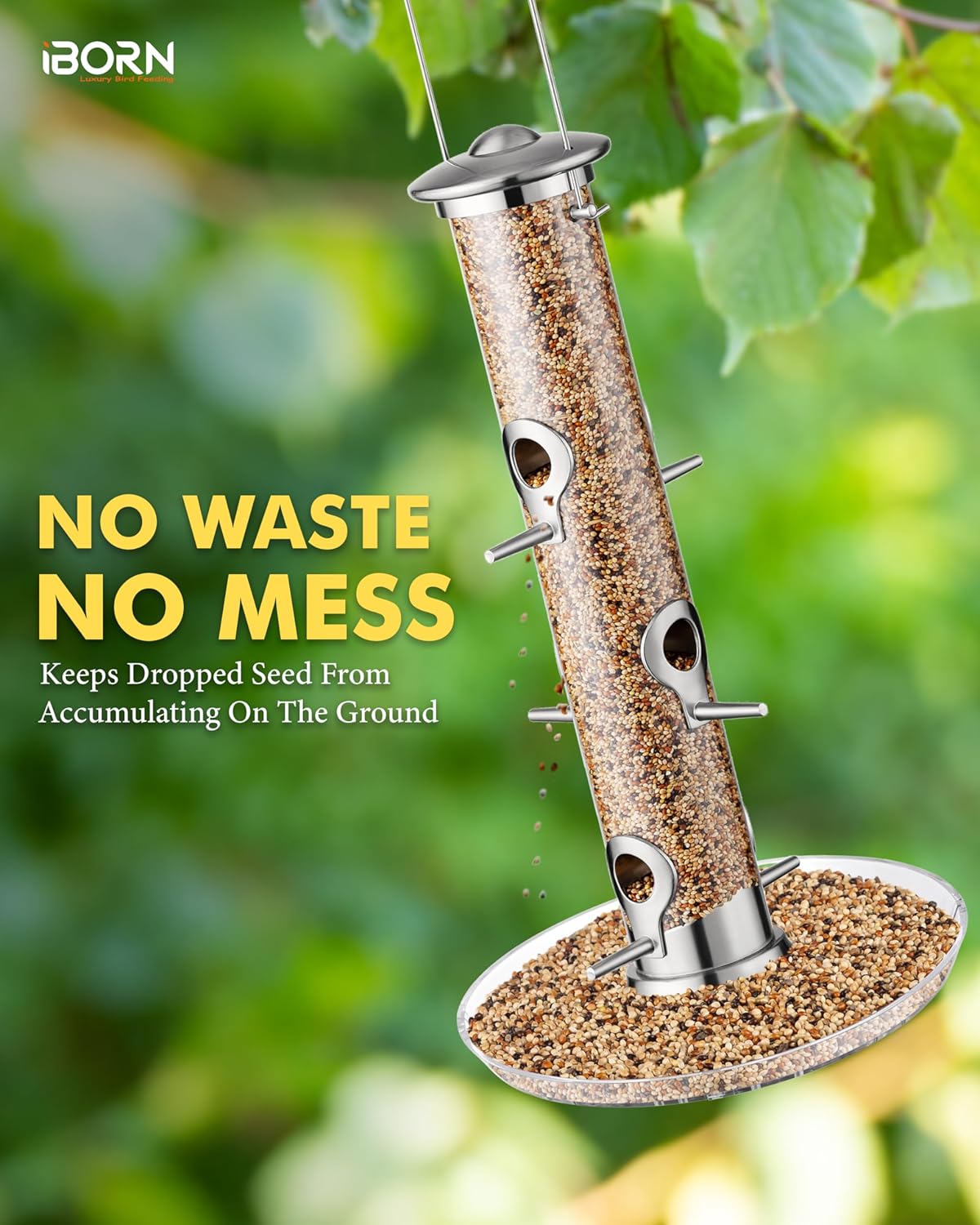 iBorn Bird Feeders Seed Catcher for Outside Hanging 6 Port Bird Feeder for Cardinal Birds Aluminium Metal,Brushed Nickle Finishing 14 Inch 6 Port (Seed is not Included)