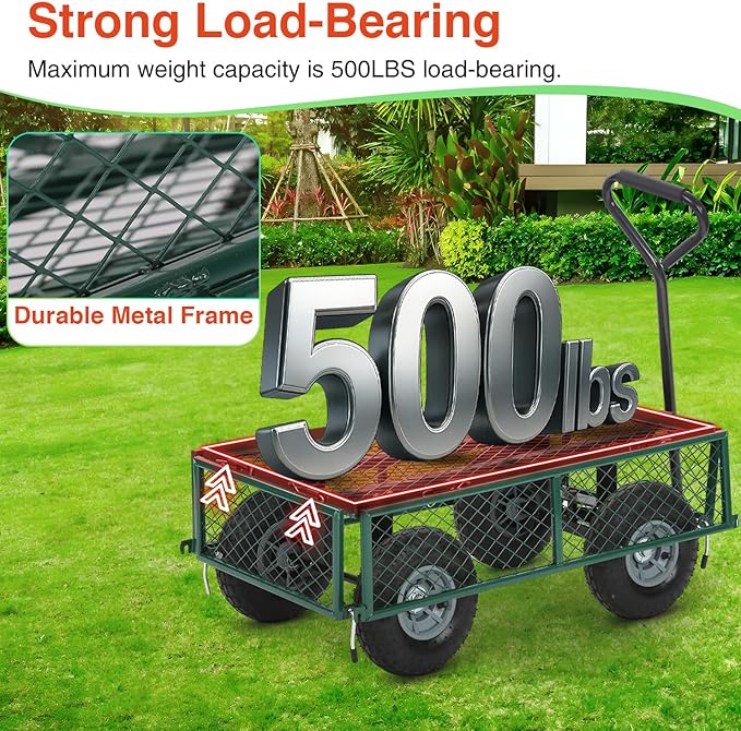 FDW Garden Cart Streel Heavy Duty 500 LBS Capacity，Utility Cart Wagon with Removable Sides and 180°Rotating Handle for Yard, Lawn and Garden Hauler (Dark Green)