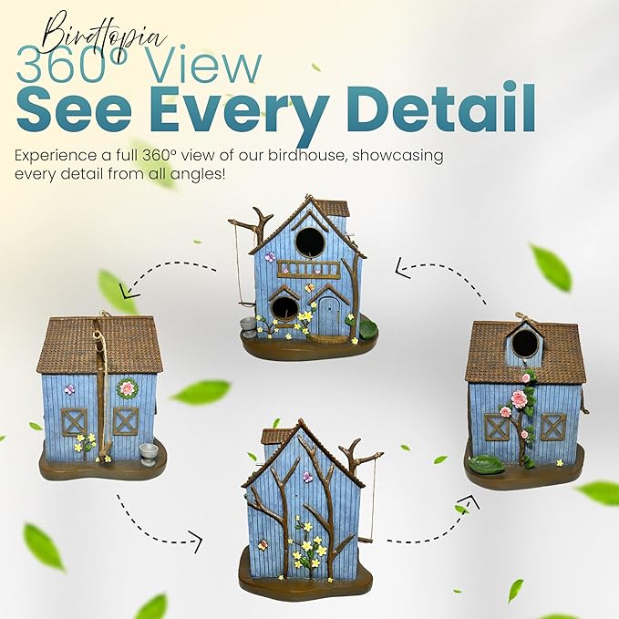 Enchanted Forest Outdoor Birdhouse for Hanging - Deluxe Multi-Family Design, Multiple 1.65" Entrance Holes, Swing Perch, Seed Tray, Water Dish, Butterfly & Flower Accents, Weather Resistant Resin