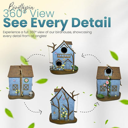 Enchanted Forest Outdoor Birdhouse for Hanging - Deluxe Multi-Family Design, Multiple 1.65" Entrance Holes, Swing Perch, Seed Tray, Water Dish, Butterfly & Flower Accents, Weather Resistant Resin