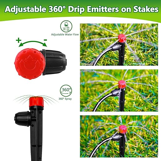 20 Pieces Drip Irrigation Emitters, Adjustable 360 Degree Drip Stream Emitters on 5" with Stake for 1/4" Drip Irrigation Tubing Irrigation 8 Hole Stream Drippers for Garden Watering System