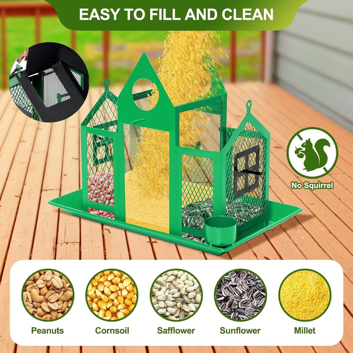 Solar Bird Feeders House for Outdoors Hanging, 7LBS Large Capacity Metal Wild Bird Feeder Squirrel Proof for Outside with Water Cup, Cardinal Birdfeeder Birdhouses Gift for Bird Lovers (Green)