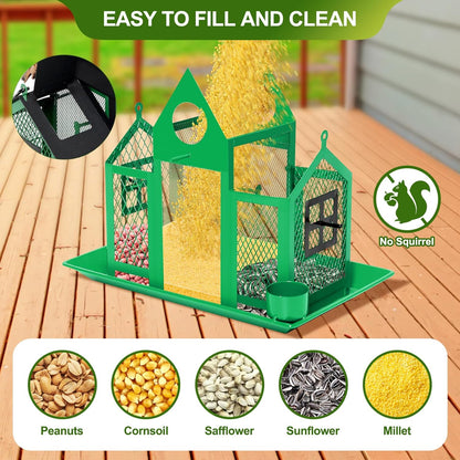 Solar Bird Feeders House for Outdoors Hanging, 7LBS Large Capacity Metal Wild Bird Feeder Squirrel Proof for Outside with Water Cup, Cardinal Birdfeeder Birdhouses Gift for Bird Lovers (Green)