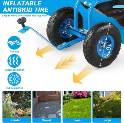 Outvita Garden Cart Gardening Workseat w/Wheels, Rolling Work Seat with Adjustable 360 Degree Swivel Seat, Basket and Tool Tray, Patio Wagon Scooter for Lawn Yard Outdoor Planting（Blue）