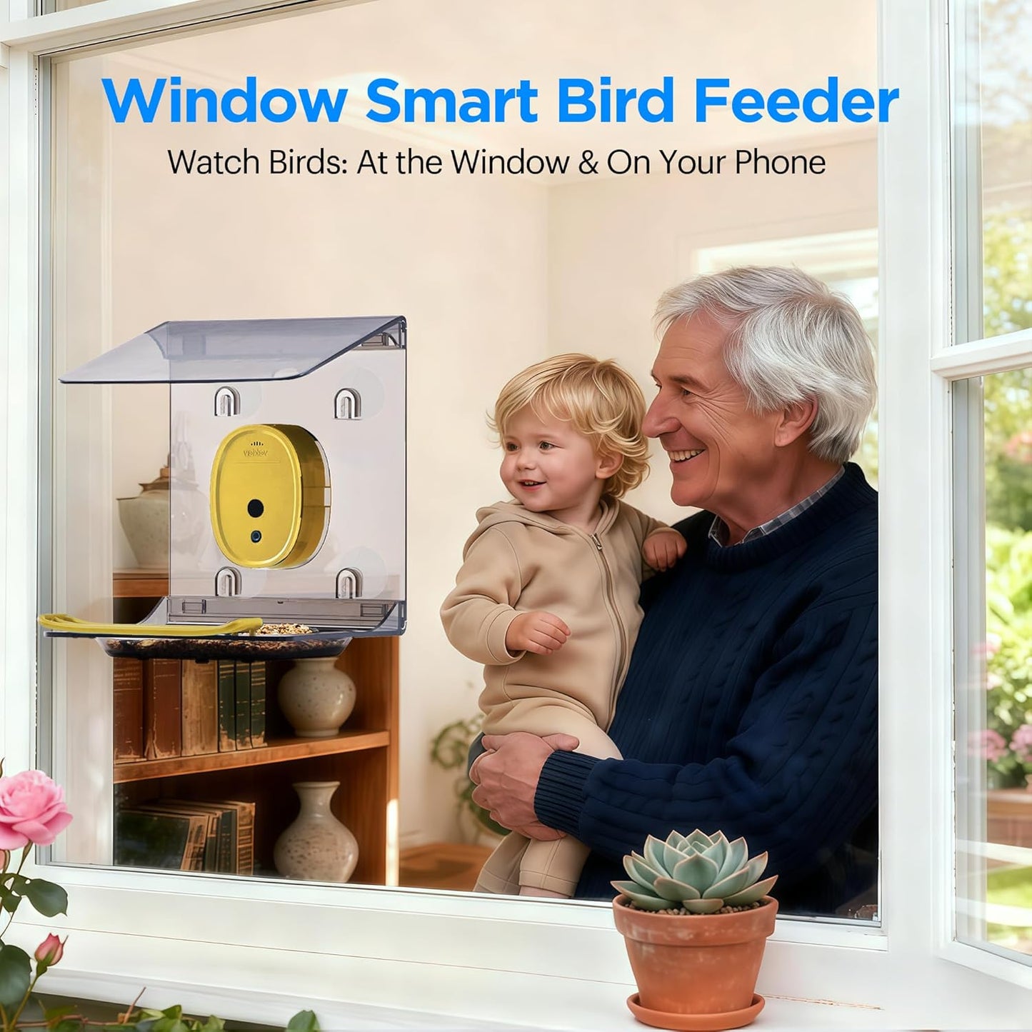 Smart Bird Feeder with Camera Solar Powered,2K HD Video Live Stream,AI Identify Birds Species,Link via Signal Transmitter,5MP Photos,Instant Arrival Alerts,Motion Detect,Elderly-Friendly,Yellow