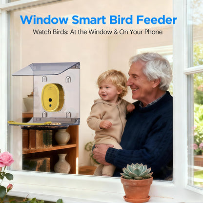 Smart Bird Feeder with Camera Solar Powered,2K HD Video Live Stream,AI Identify Birds Species,Link via Signal Transmitter,5MP Photos,Instant Arrival Alerts,Motion Detect,Elderly-Friendly,Yellow