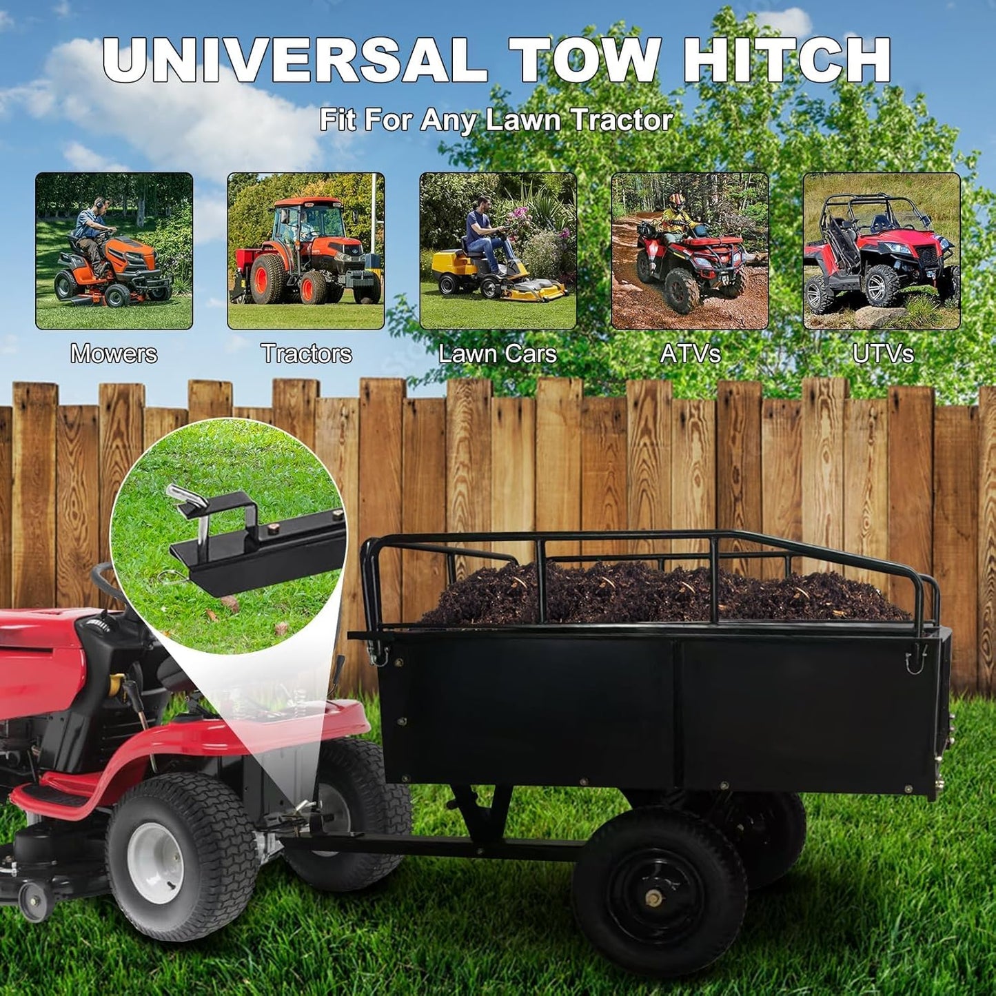 Heavy Duty Steel Dump Cart & Utility Trailer 750LB Capacity ATV/Lawn Tractor Hauler with Dual Dumping Modes (Manual/Foot Pedal), All-Terrain Tires & Dual Bearings for Garden, Farm, Firewood