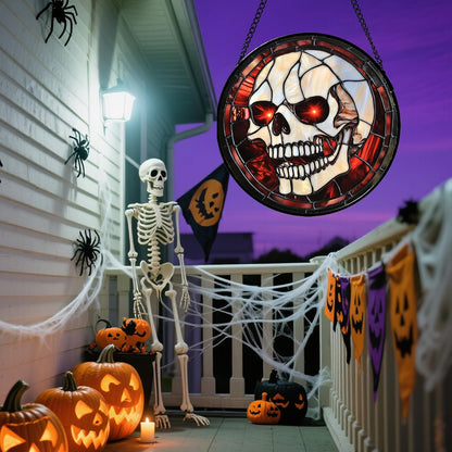 Stained Glass Window Hanging - Halloween Decorations White Skeleton Suncatcher for Doors Garden Indoor Spooky Funny Red Sun Catchers Gothic Decor Horror Gifts for Women Men Friend 9.8 in